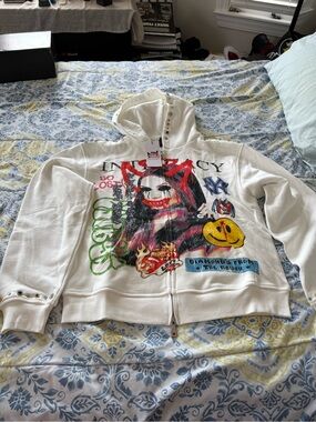 LOST INTRICACY White Graphic Zip Hoodie with Red Spray Paint Print